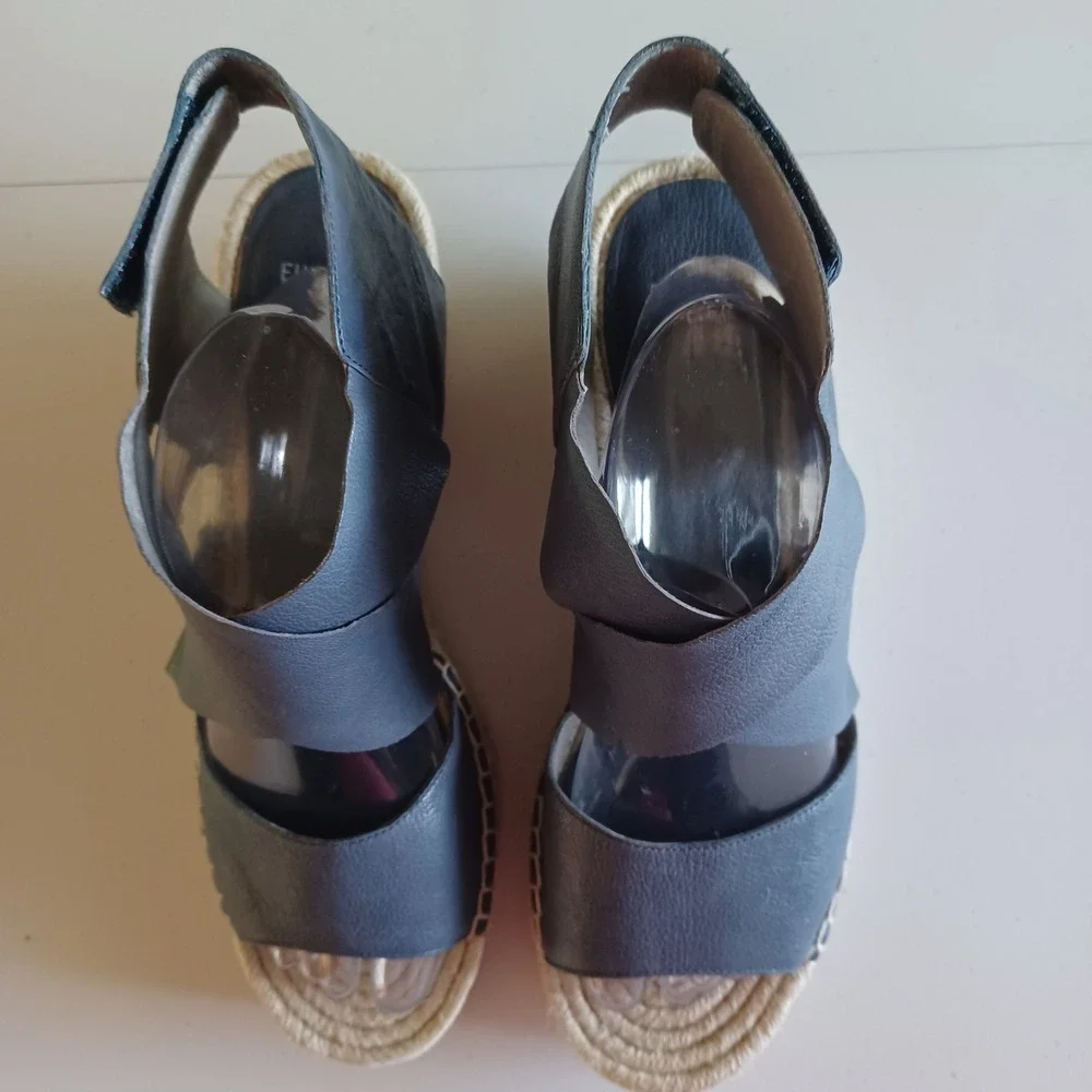 Eileen Fisher Slate Blue Leather Espadrille Wedge Sandals Women 11 Platform NWOT